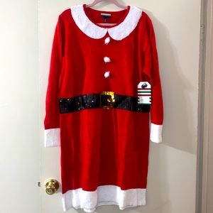 Never worn Santa sweater dress w/sequins & poof balls